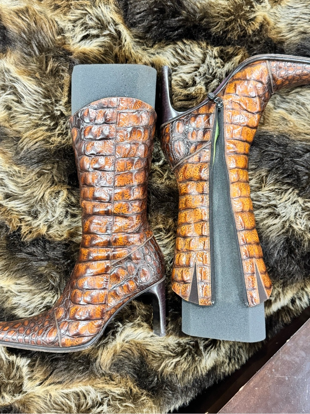 Women's Brown Croc-Embossed Leather Mid-Calf Boots - Elegant Heel DONALD PLINER